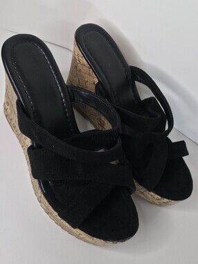 Source Unknown Custom Black Criss Cross Wedge Sandals Platform Mules Size 37 NEW